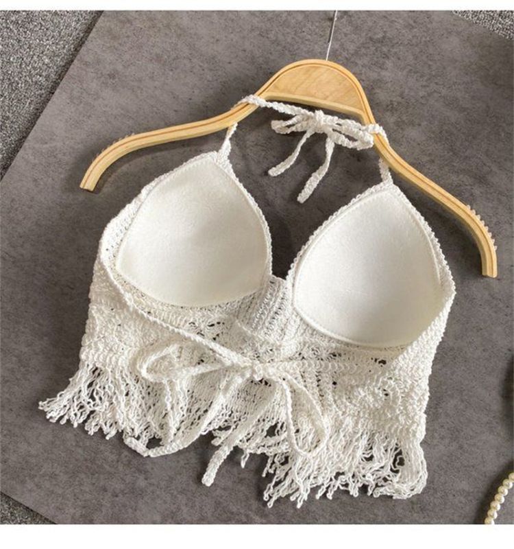 Halter neck small vest sling inner wear with exposed shoulder straps and chest pads backless hollow tube top embroidered vest women's summer short top_voghion.com