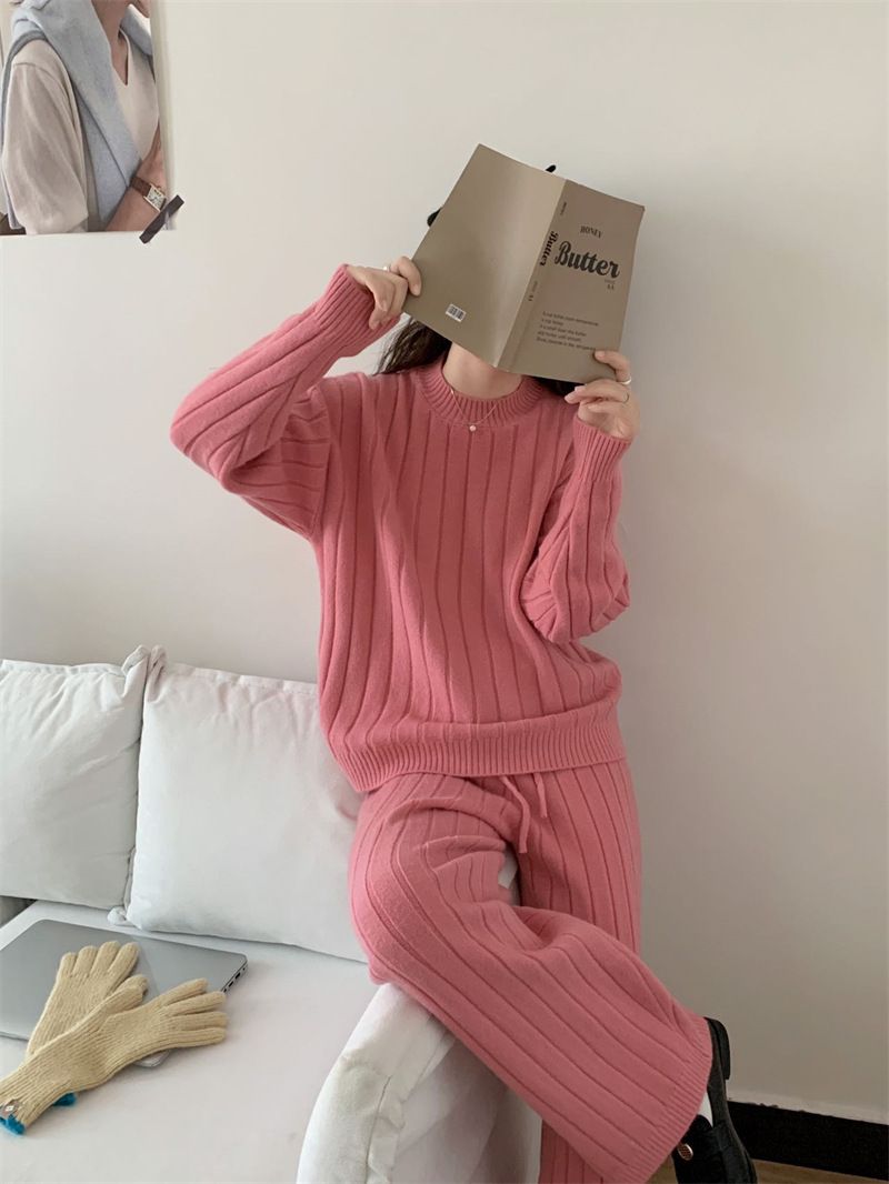Plus Size Knit Sweater & Wide Leg Pants Set - Soft Ribbed Pullover & Flowy Lounge Trousers, Oversized Comfort Outfit For Women_voghion.com