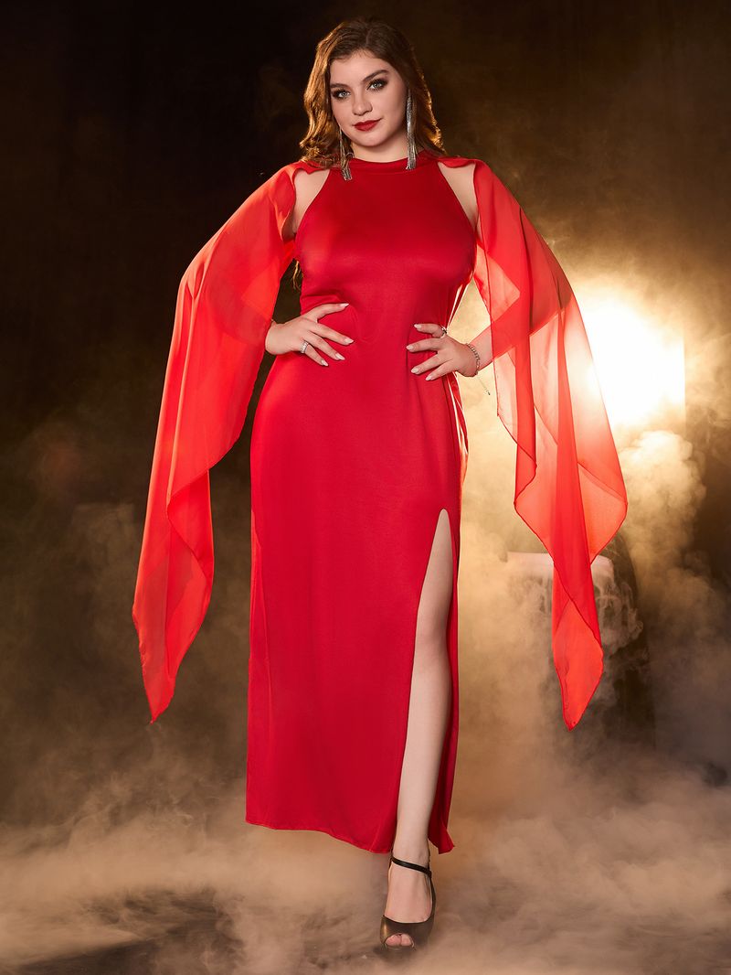 Elegant Plus Size Long Evening Dress With Slit & Batwing Sleeves - Stretchy Polyester Formal Gown For Women (Red, Blue, Black, 1XL-4XL)_voghion.com