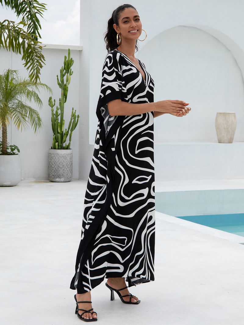 Kadın Baskılı Rayon Plaj Elbisesi - UPF Korumalı Uçuşan Boho Kimono Bornoz (Tek Beden, Hafif ve Nefes Alabilir)_voghion.com
