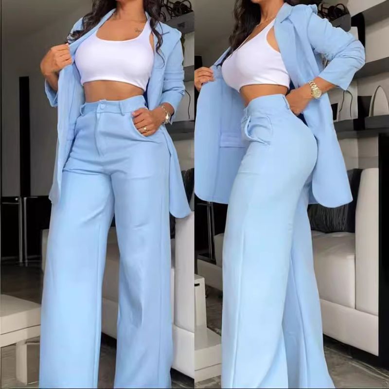 Ensemble de costume élégant à manches fendues et revers pour femme, couleur unie, avec poche, jambe droite et pantalon_voghion.com