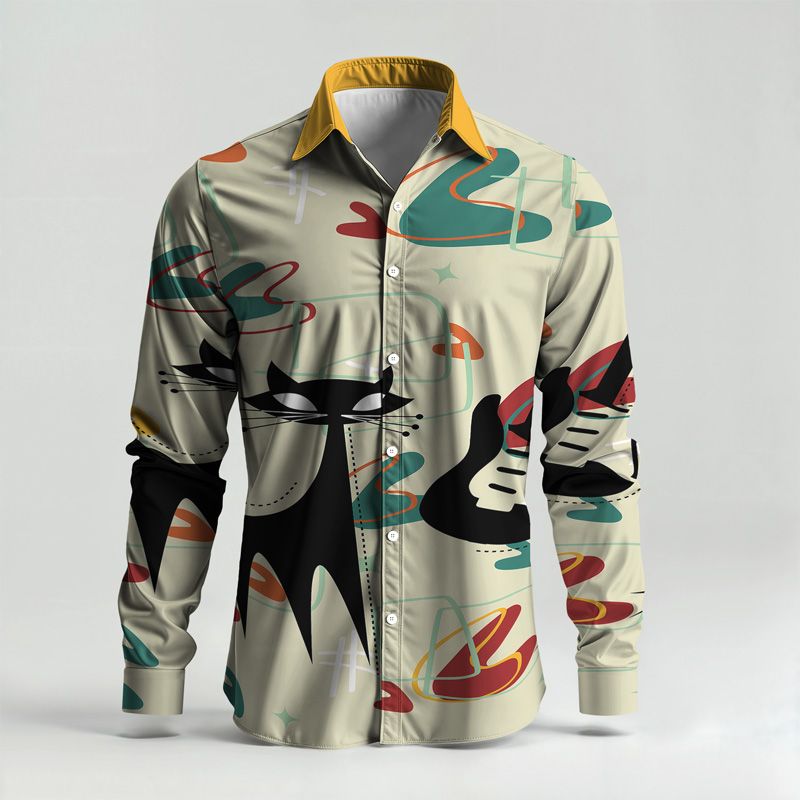 2025 Spring Summer Men Shirt Set Geometry Print Fashion Abstract Two Piece Set Mens Cat Lightweight Party Long Sleeves Suit Casu_voghion.com