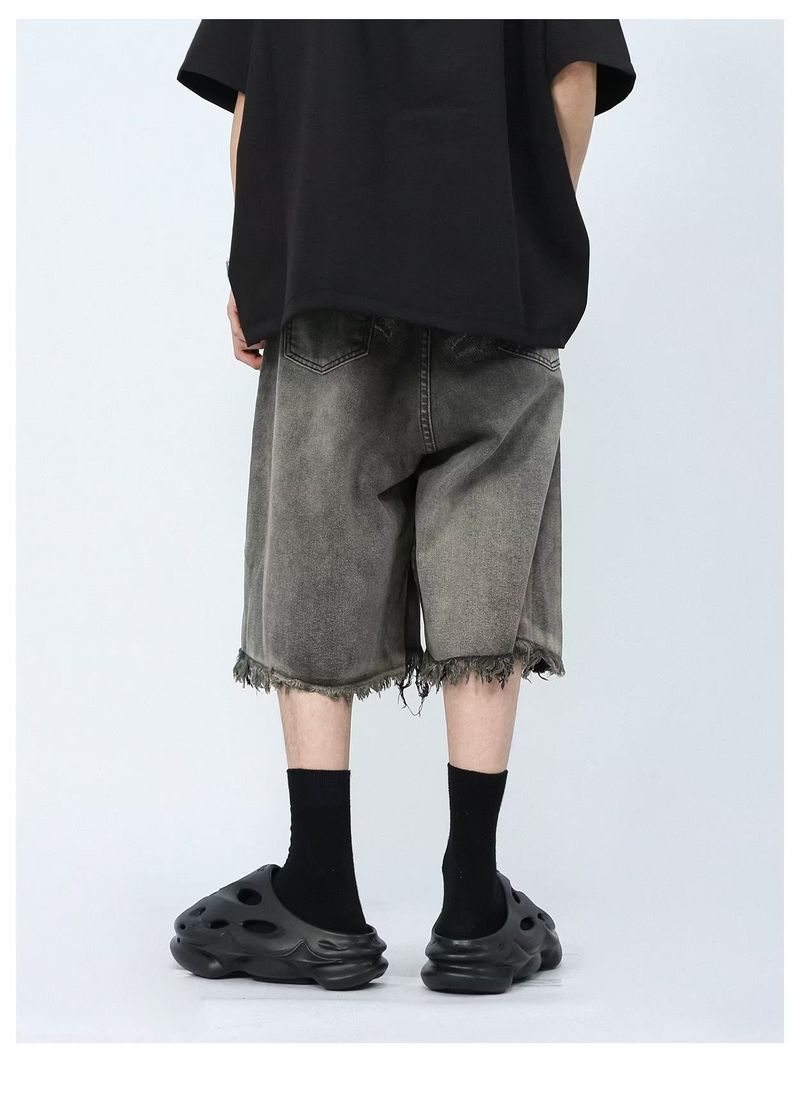 Herrenbekleidung Mid Rise Distressed Zipper Washed Jeans Lockere gerade halblange Hose_voghion.com