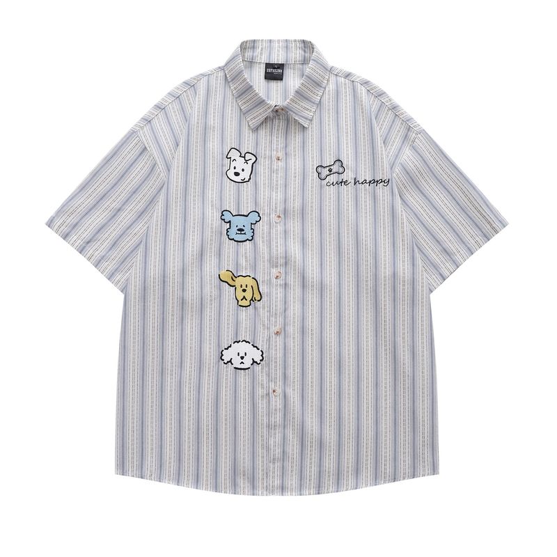 Fun Dog Embroidered Striped Short For Men And Women Street Trendy Loose Couple Half Sleeve Shirt_voghion.com