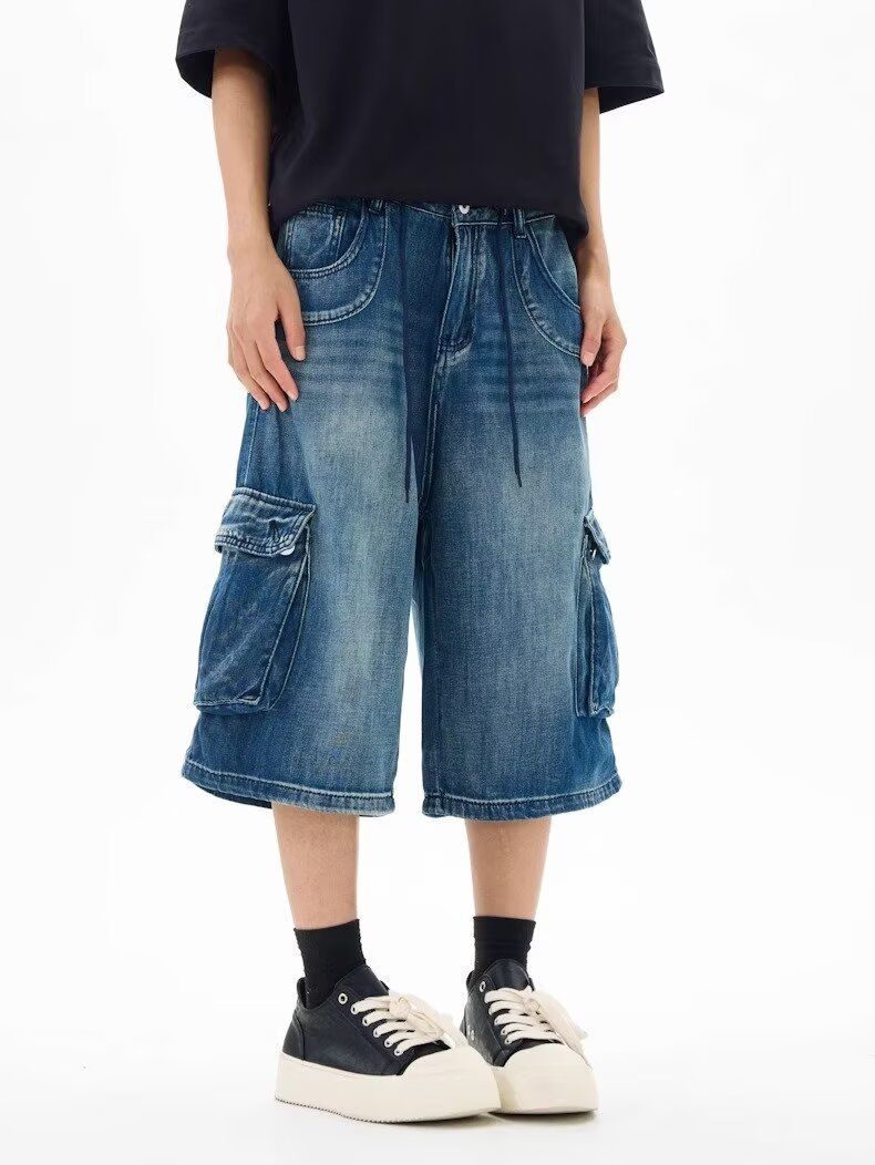 Summer New American Style Loose Fit Three-Dimensional Pocket Capri Pants Unisex Cargo Denim Shorts Versatile Slimming_voghion.com