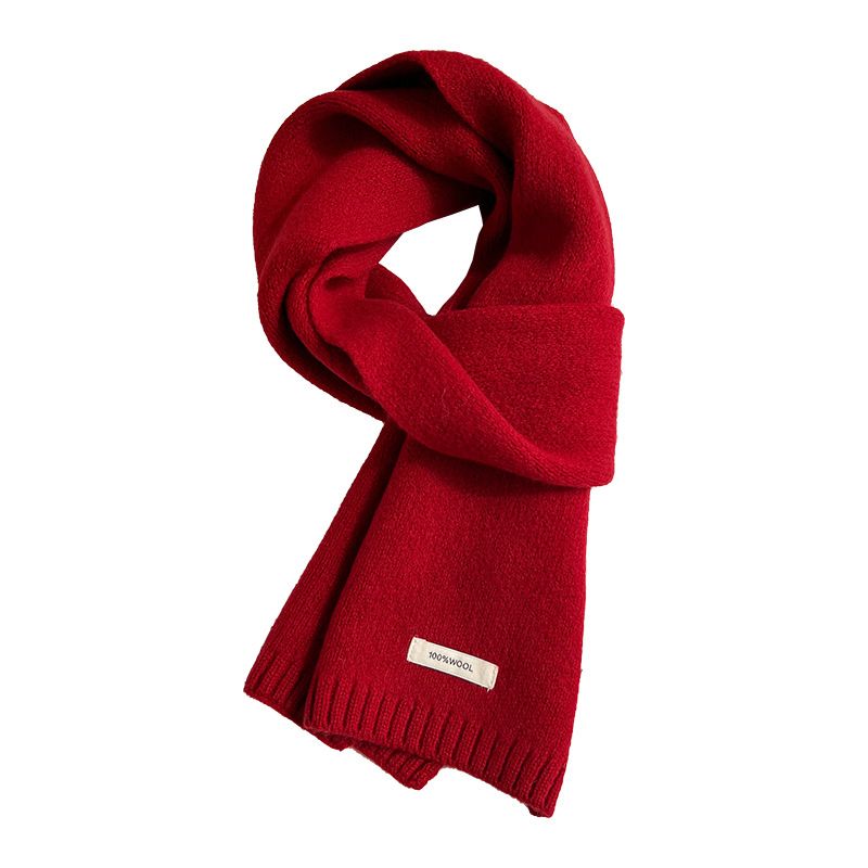 New Year Red Australian 100% Sheep Wool Scarf For Women Winter Solid Color Thickened Warm Protection Knitted Neck Warmer_voghion.com