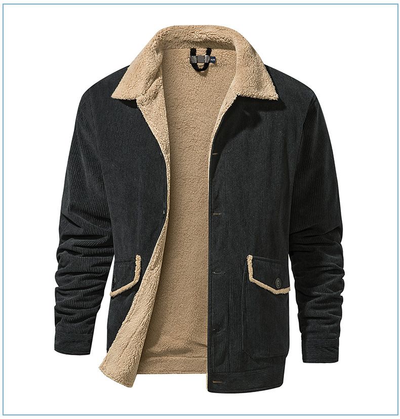 "Herrenjacke aus Cord und Lammfell mit Revers – Plüschiger, dicker Mantel in großer Größe (Schwarz/Grün/Hellbraun, S-XXL)"_voghion.com