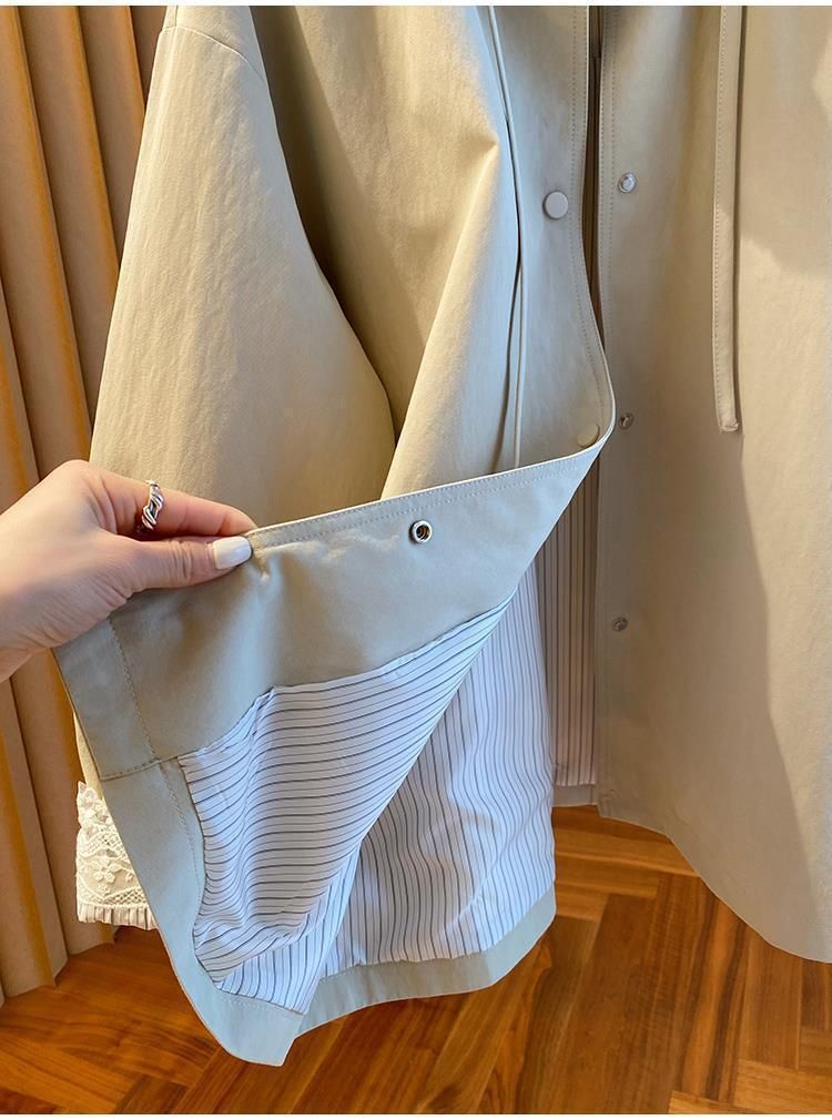 Women's High-end Lace Trim Cuff Trench Coat Women, Spring And Autumn Elegant Ribbon Single-breasted Loose Stand Collar Jacket_voghion.com