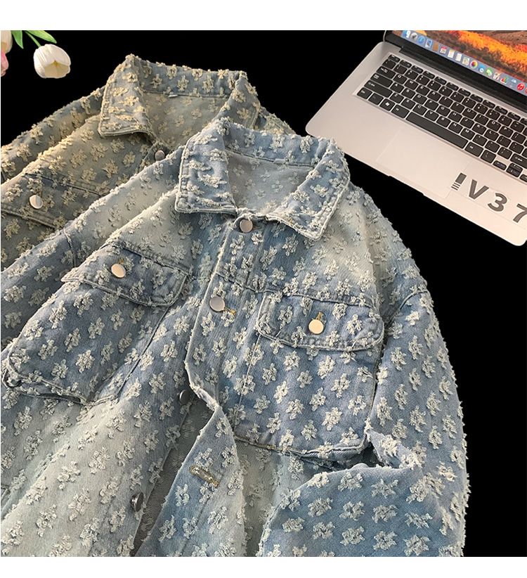 Herrenbekleidung Modemarke Retro Washed Distressed Jacquard Jeansjacke Lockere, lässige, vielseitige Paarjacke mit Volldruck_voghion.com