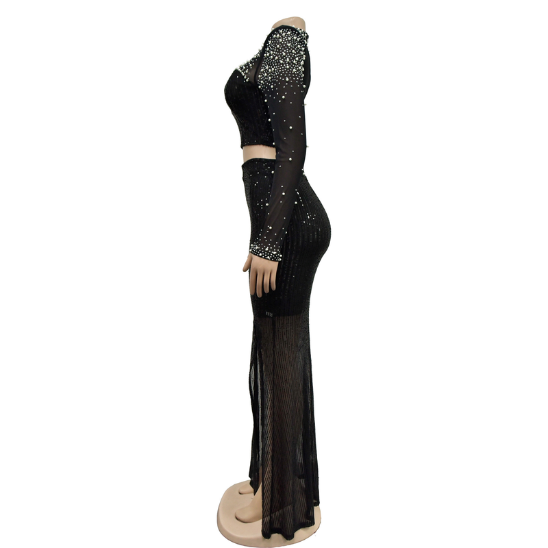 Damenbekleidung, modisches Damen-Zweiteiler-Set mit Rundhalsausschnitt, Mesh-Pailletten, langen Ärmeln und langem Rock_voghion.com
