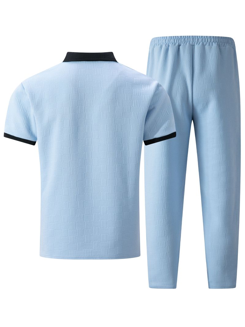 Roupas masculinas com lapela jacquard, camisa de manga curta combinando com a cor, calças, terno esportivo casual_voghion.com