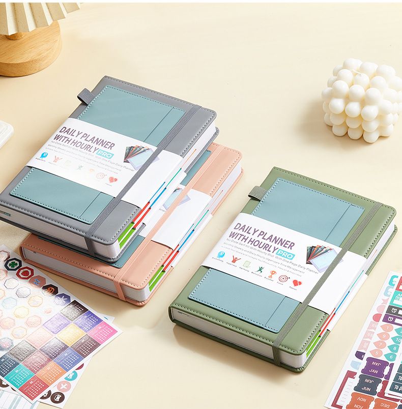Undated Daily Planner Notebook With Elastic Band & Stickers – PU Leather Cover, 200 Sheets Of 80G High-Quality Paper_voghion.com