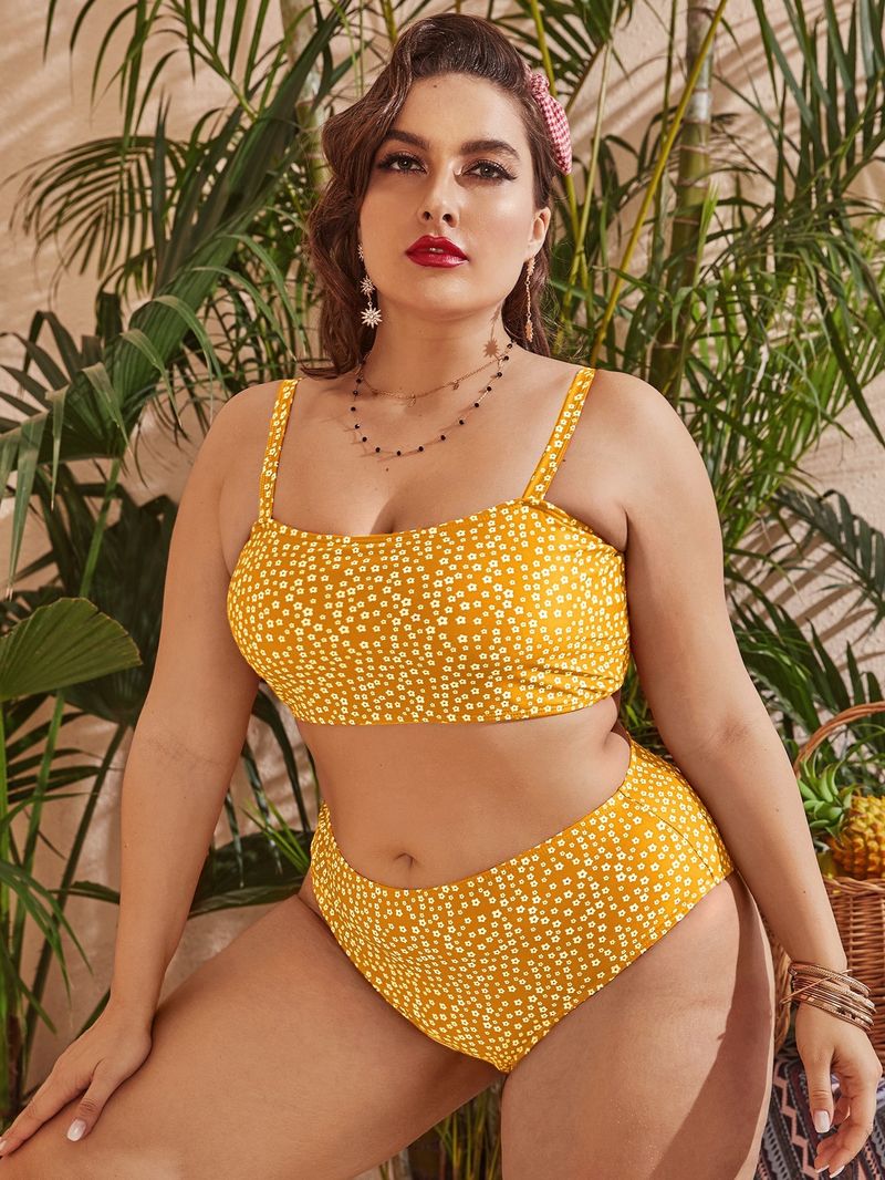 Plus Size High Waist Bikini Set - Floral Print & Polka Dot Swimsuit For Women Tummy Control Two-Piece Swimwear With Adjustable Ties_voghion.com
