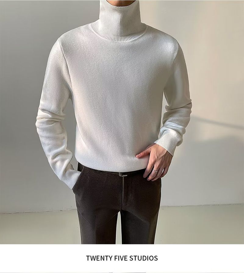 Men's Clothing Slim Fit High Neck Sweater - Soft Knit Pullover For Autumn & Winter - Lightweight Warm Casual Turtleneck Top (White, Black, Beige)_voghion.com