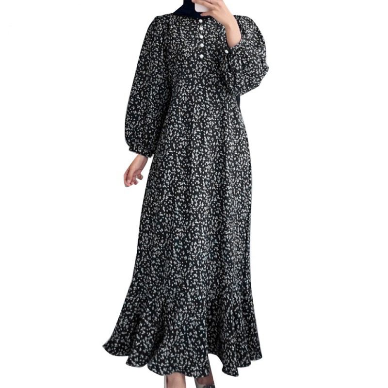 Women's Clothing Muslim Casual Long Sleeved Open Door Loose Printed Button Down Dress_voghion.com