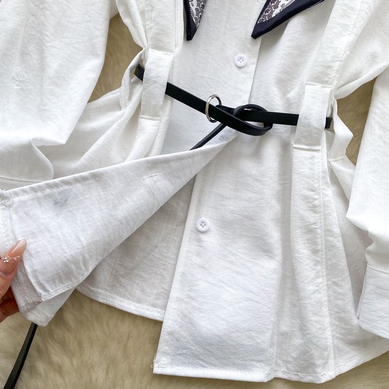 Damenbluse mit Bindegürtel – Elegantes Langarmshirt mit Gürteldetail (Weiß/Blau/Braun/Schwarz, Einheitsgröße)_voghion.com