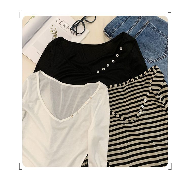 Camiseta feminina de manga comprida com decote em V e listras largas, estilo novo de outono, base de camada interna adelgaçante que aperta a cintura_voghion.com