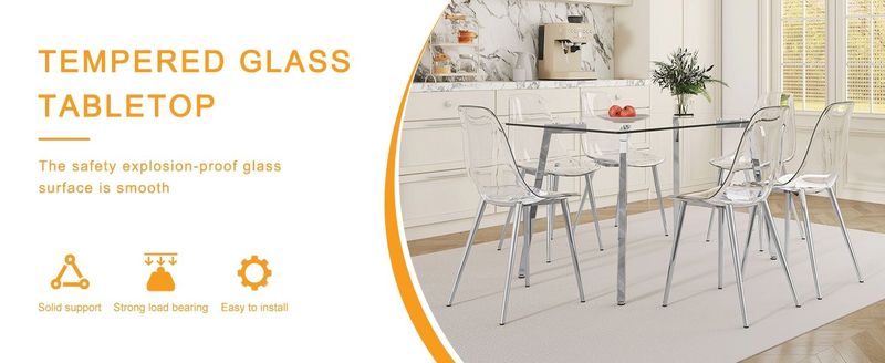 Table And Chair Set.51 * 31.5 Inch Silver Leg Glass Dining Table With 6 Transparent Dining Chairs: A Stylish Combination That Showcases Elegant Style._voghion.com