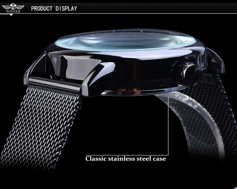 Orologio da polso da uomo classico Winner, meccanico, con scheletro, nero, dorato, sottile, analogico, con cinturino in maglia d'acciaio, casual, elegante, da uomo_voghion.com