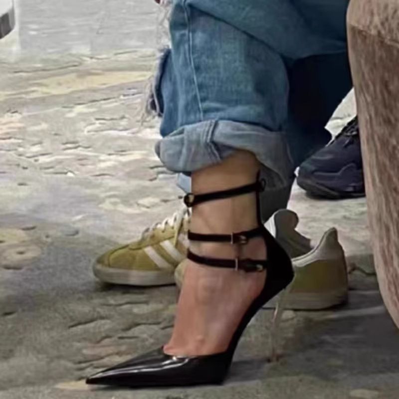 Scarpe col tacco alto da donna, autunno, nuove, con cinturino con fibbia a una parola, stiletto in metallo, alla moda, versatili, nere, personalizzate, a punta, singole,_voghion.com