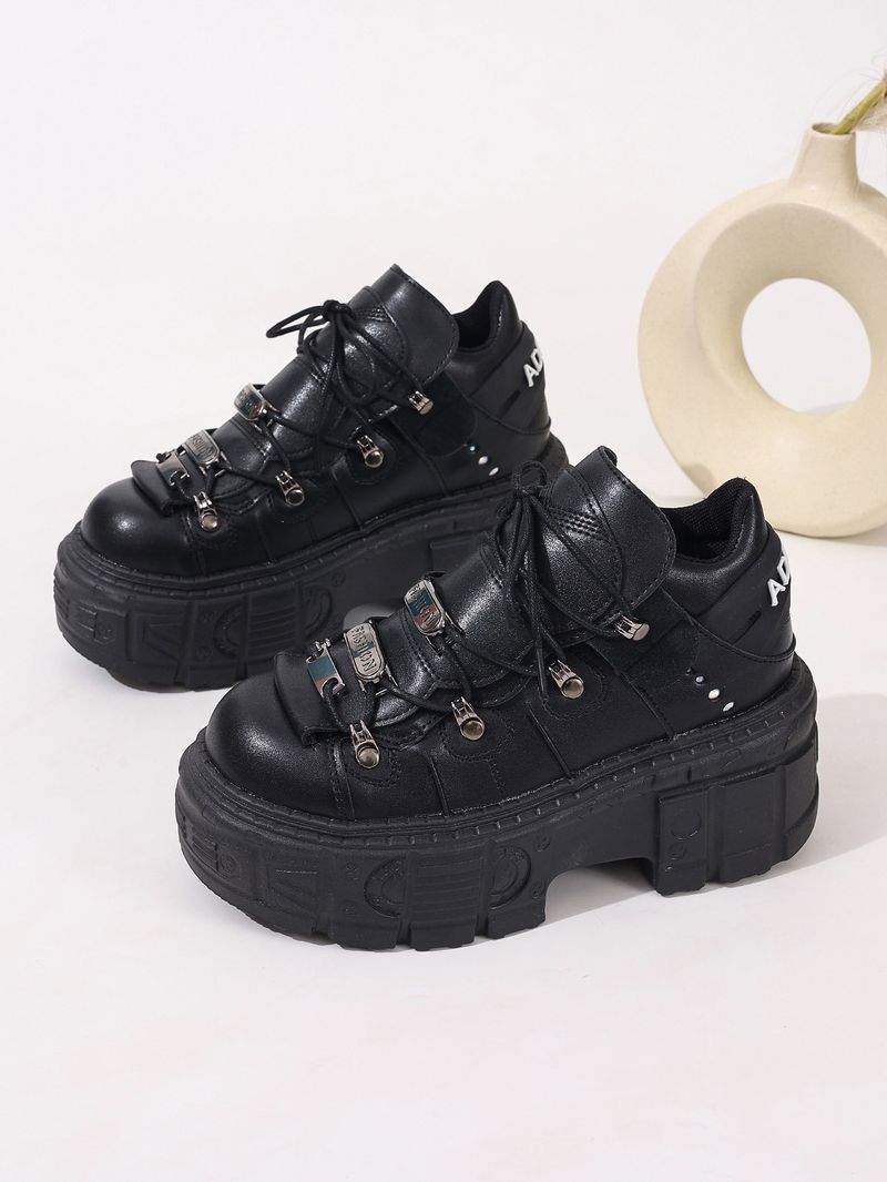 Scarpe stringate alte con plateau spesso da donna - Stivali alla moda in pelle PU con punta tonda, dettagli in metallo e suola in gomma spessa_voghion.com