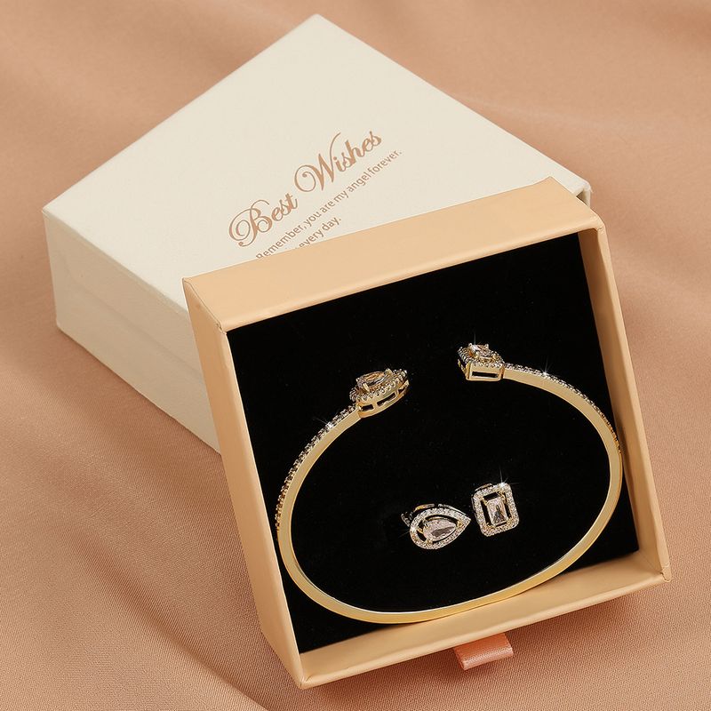 Bijuterii pentru damă, cu capăt deschis, în formă de lacrimă, cu diamante, cu zircon, brățară, inel, set de două piese, cu diamant pătrat de calitate superioară, bijuterii reglabile, bijuterii de mână_voghion.com