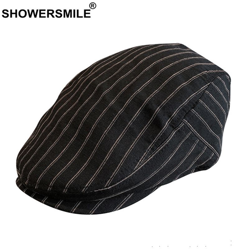 Vendita calda SHOWERSMILE Berretto estivo a righe in lino piatto da uomo nero stile britannico berretto da giornalaio con becco d'anatra regolabile cappelli da guida_voghion.com