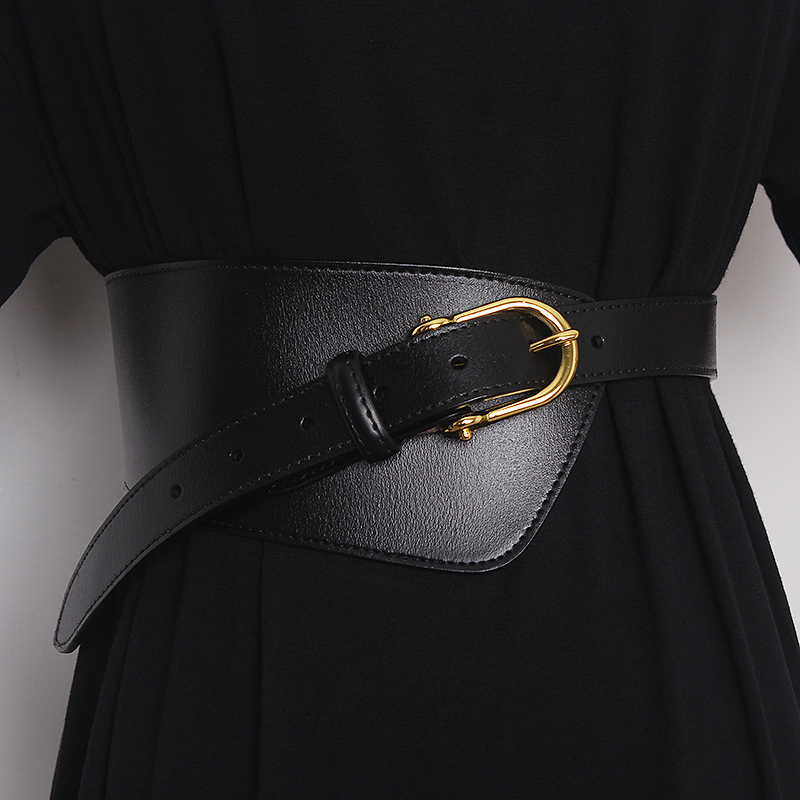Cintura di pelle bovina a due strati con bordo stirato irregolare alla moda Abito decorativo da donna Cintura ampia con fibbia ad ardiglione in vita versatile_voghion.com
