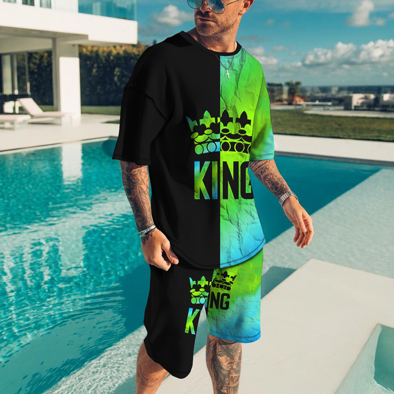 Heren zomer shorts losse casual korte mouwen met kleur blokkering KING bedrukt T-shirt set_voghion.com