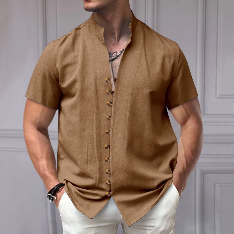 Maglietta da uomo nuova, vintage, in lino, con bottoni, colletto e maniche corte_voghion.com