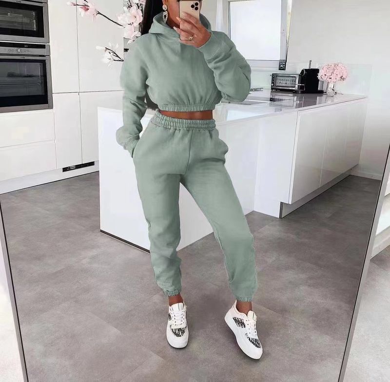 Women's Clothing Trendy Streetwear Ribbed Knit Crop Top & Jogger Set - Sexy Comfort Fit, Thickened Warmth, Casual Two-Piece Outfit (Ocean Green)_voghion.com