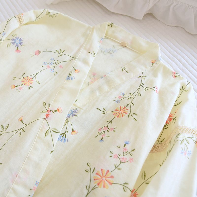 Frühling und Sommer, komplett aus Baumwolle für Damen, Blumen-Gaze-Kimono, 1-farbiges Pyjama-Set_voghion.com