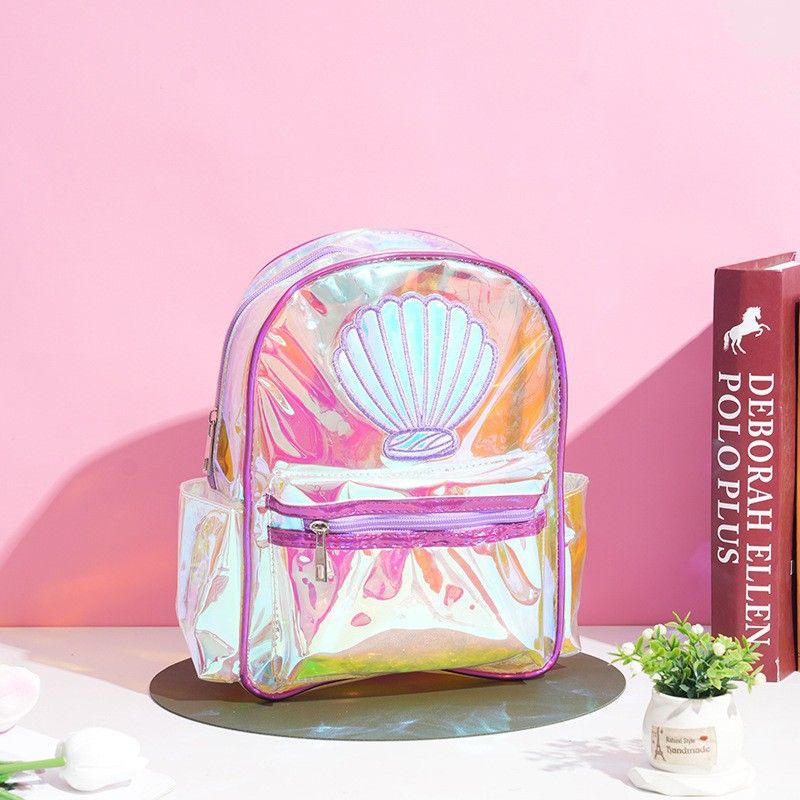 Zaino per ragazze laser colorato trasparente in TPU, impermeabile, per bambini, carino, casual, all'ingrosso, a forma di conchiglia, a forma di coda di pesce_voghion.com