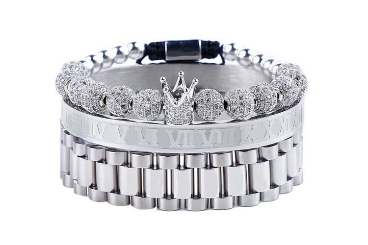 Bracciale da uomo con corona intrecciata, con sfere in zirconio e testo romano, in acciaio inossidabile, con catena per orologio da uomo in acciaio al titanio_voghion.com