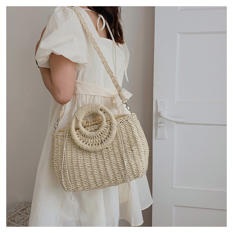 Nuova borsa a tracolla in paglia stile etnico bohémien, borsa a secchiello in rattan intrecciato a mano per donna_voghion.com