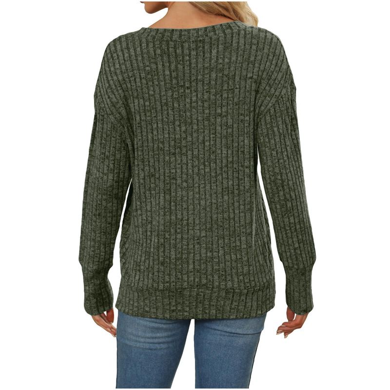 K Women's Long-sleeved V-neck Ribbed Brushed Knitted Top T-shirt_voghion.com