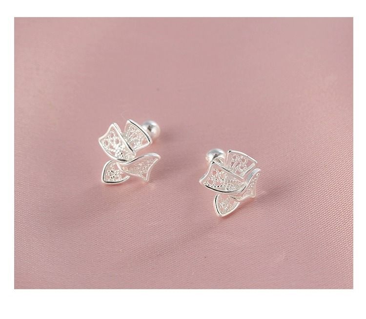 Tiqi S Pure Zilveren Temperament Elegante Holle Strik Dames Frisse Kant Schroef Gesp Oorbellen_voghion.com