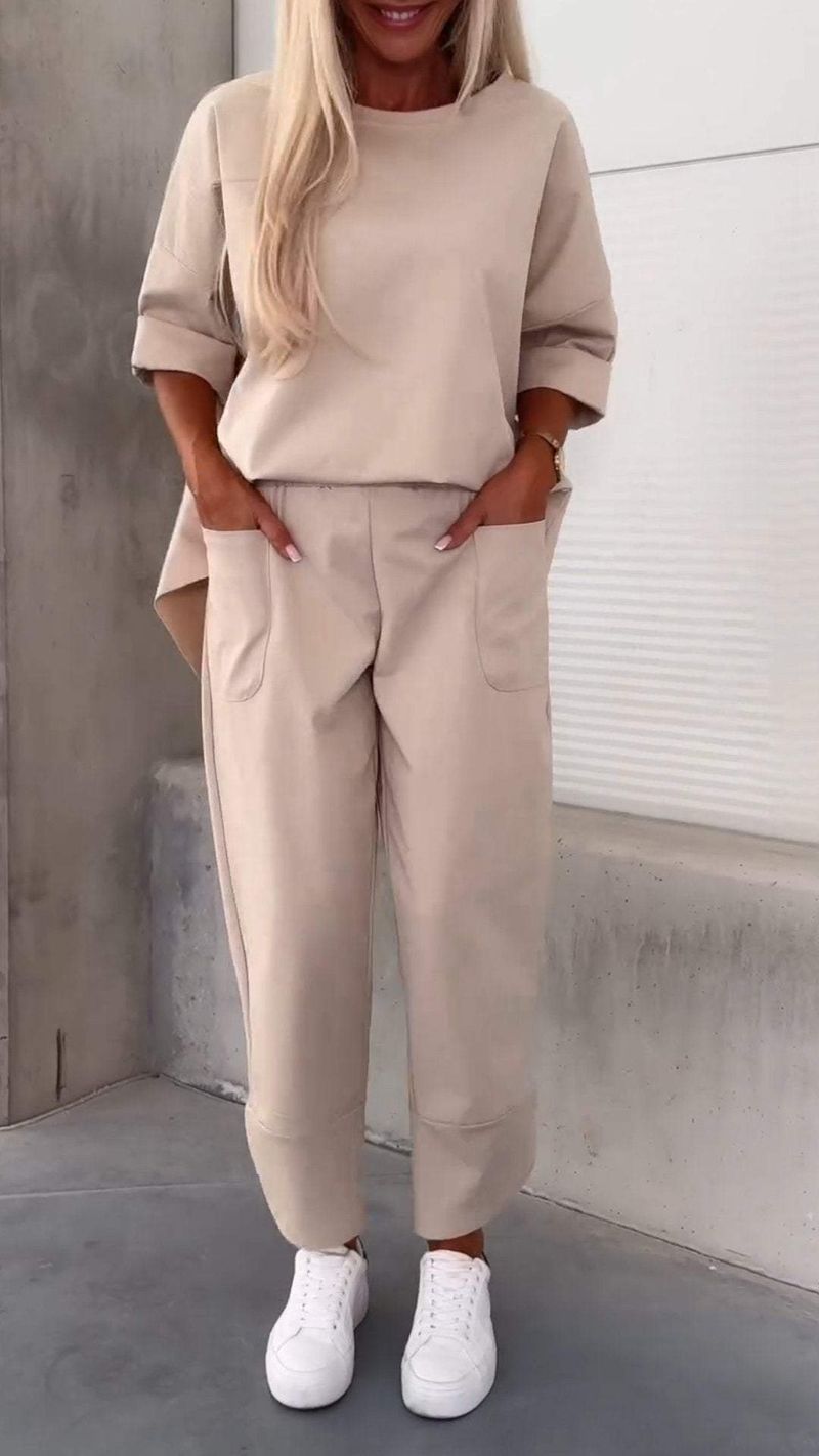 Women Two Piece Set Pants Sets Solid Tops Ankel Length Pant Sport Matching Sets Y2k T-shirt Tracksuit Autumn Spring Pocket Pant_voghion.com