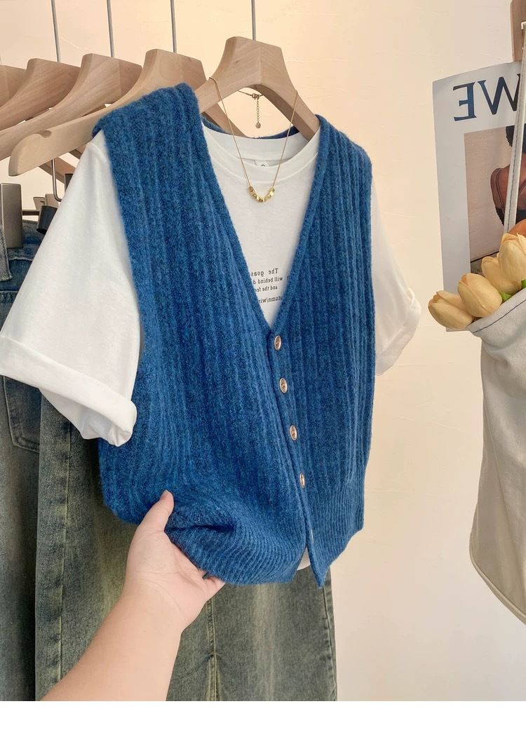 Francuski retro sweter z dzianiny z dekoltem w serek dla kobiet, odzież wierzchnia na jesień i zimę, bezrękawnik z miękkiego swetra, artystyczny_voghion.com