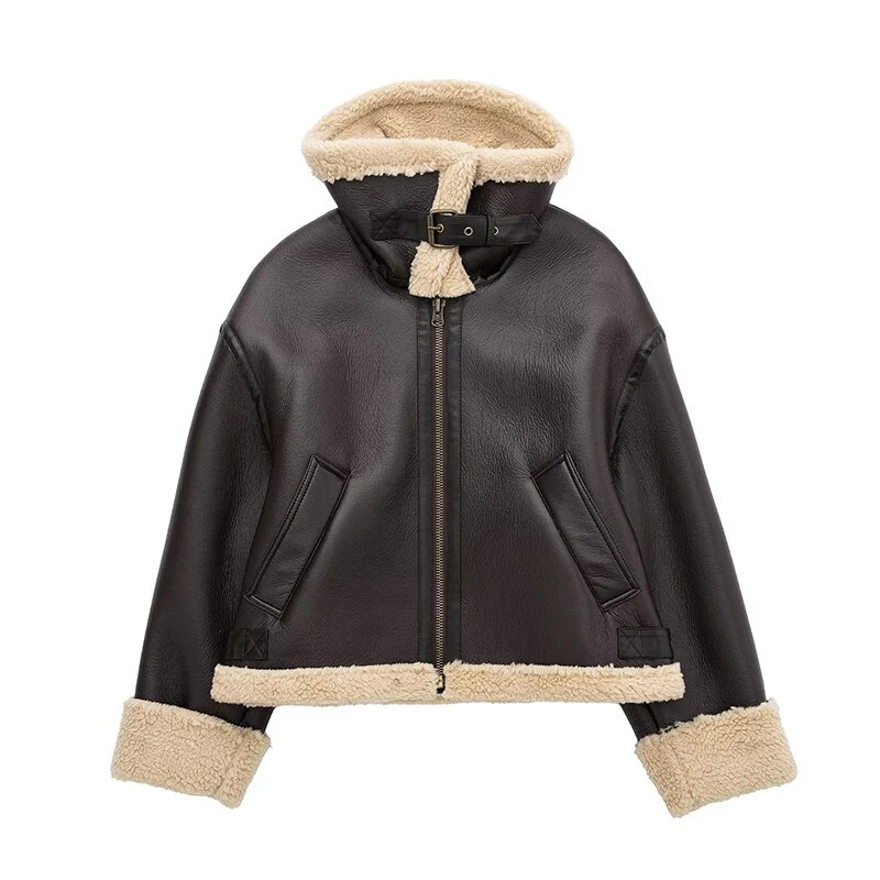 2022 Winter New Coat Women Double Sided Short Jacket Vintage Long Sleeve Fleece Warm Outerwear Female Fashion Streetwear_voghion.com