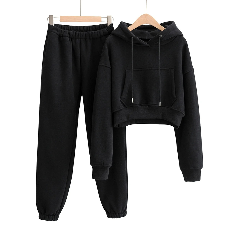 Ropa de mujer Otoño e invierno nuevo estilo suelto más sudadera con capucha de terciopelo + pantalones harén casuales con puños traje deportivo para mujer_voghion.com