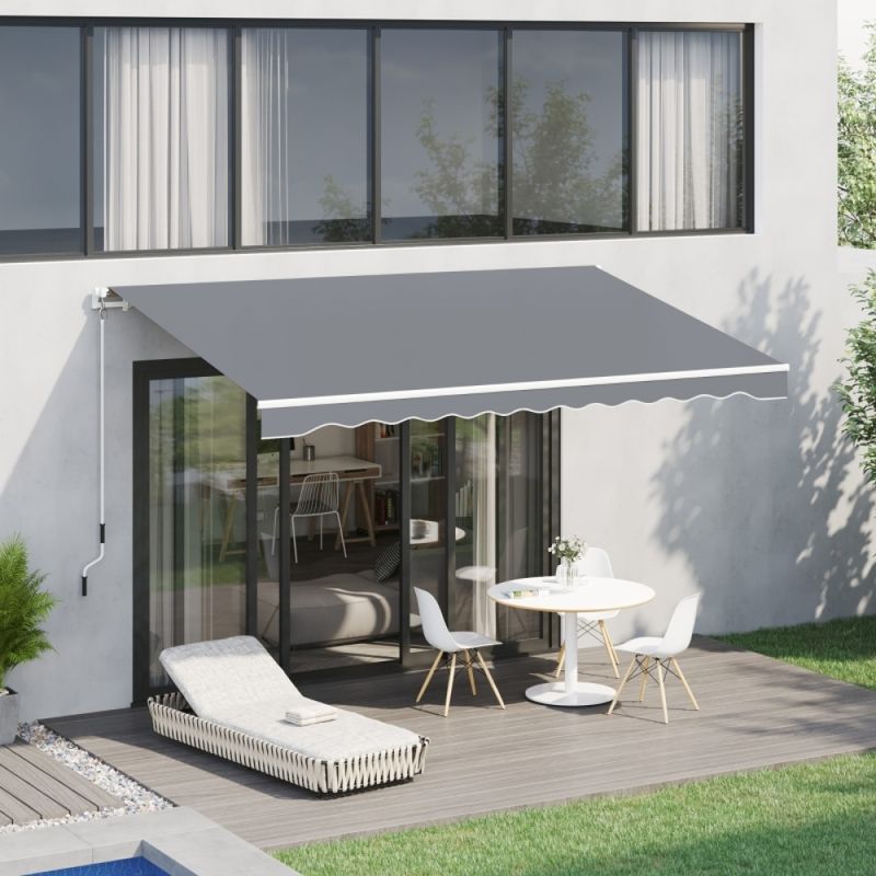 Markise, 3,95 X 2,45 M, Sonnenschutz, Einfahrbar, Mit Handkurbel, Metallrahmen, Poliestere, Grau/Weiß_voghion.com