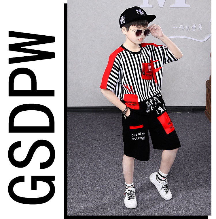 Abbigliamento per bambini, completo per ragazzi, maglietta estiva a maniche corte a righe, ragazzi grandi, versione coreana, pantaloni divisi, due pezzi_voghion.com