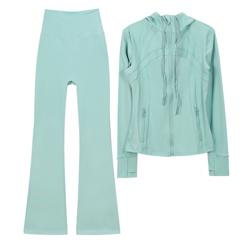 In Stock Hooded Flared Jacket Set Top Long Sleeve Women Tight Elastic Fitness Sports Running Yoga Outfit_voghion.com