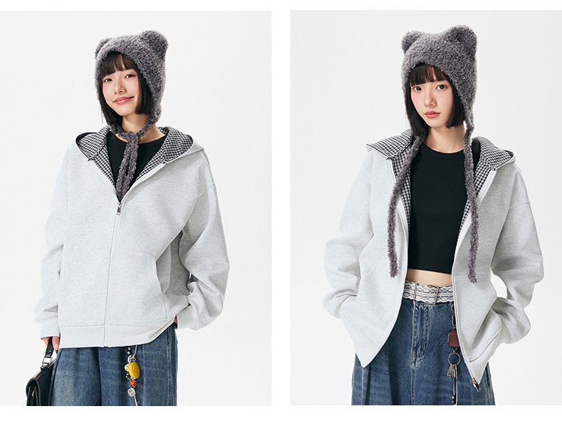 Felpa unisex con cappuccio e cerniera a quadri vintage - Pullover casual oversize per uomo e donna_voghion.com