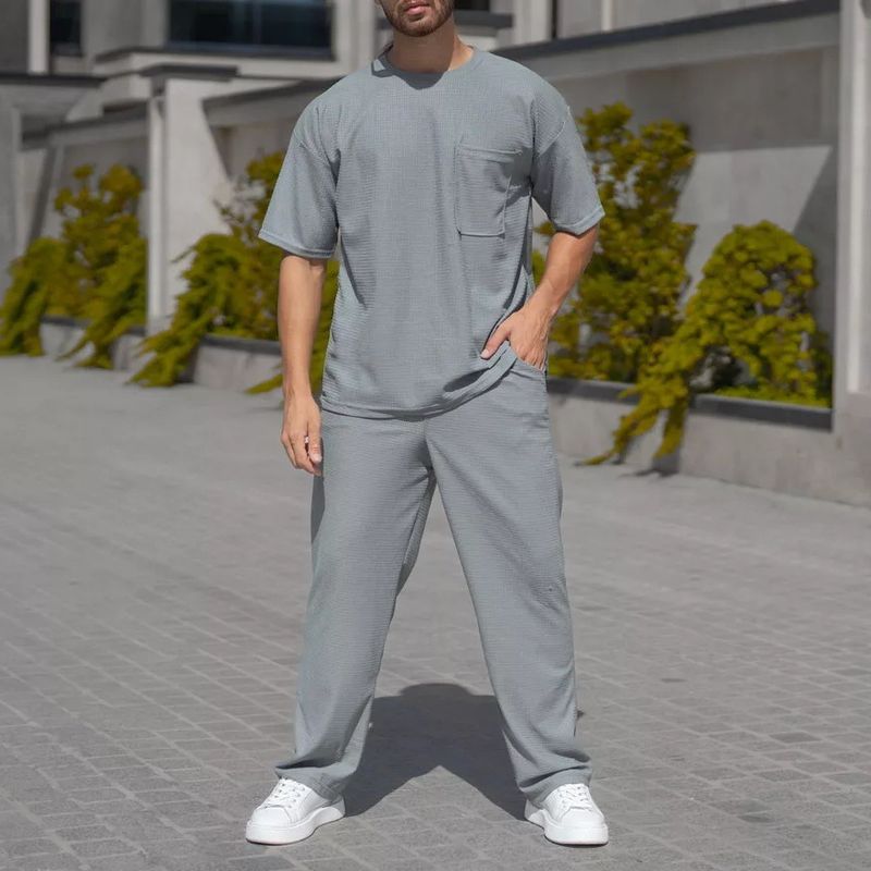 "Men's Waffle Knit Short Sleeve Set – Breathable Loose Fit Crew Neck T-Shirt & Casual Pants (Black/Grey/Khaki/Green, Sizes S-XXXL)"_voghion.com
