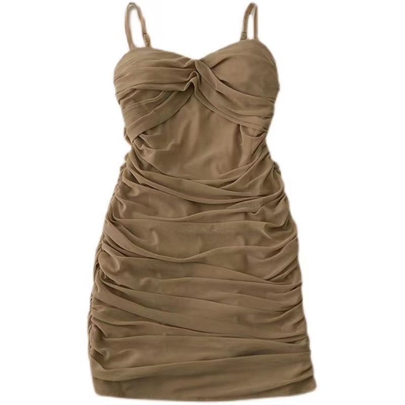 Plus Size Twisted Cross Ruched Low-Cut Bodycon für Frauen 2024 Sommer Neues Slim Fit Slimming Strap Kleid_voghion.com