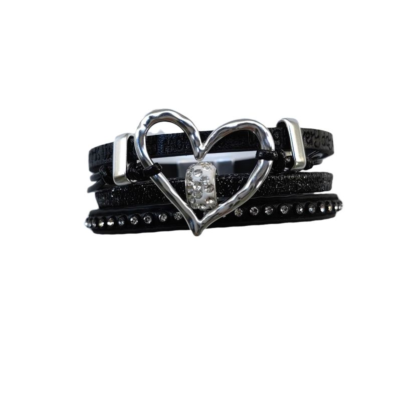 Bracciale in pelle con cuore cavo alla moda e chiusura magnetica con diamanti, bracciale multistrato_voghion.com