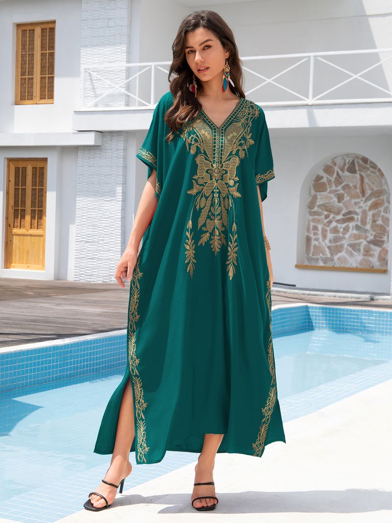 Women's Embroidered Beach Cover-Up – Lightweight Cotton Bikini Robe For Swim & Sun (Red/Black/Kong Blue, One Size)_voghion.com