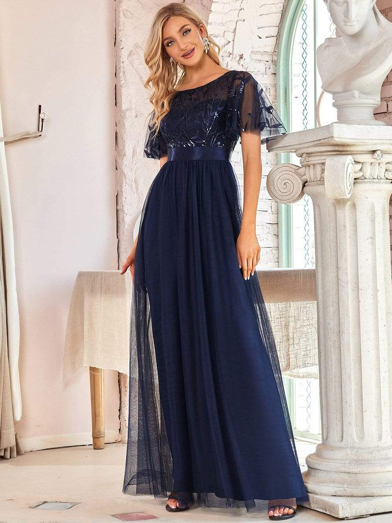 Robe De Soiree Bleščeče večerne obleke, dolge, a-kroja, O-izrez, formalne obleke s kratkimi rokavi, ženske, elegantne obleke, vestido iz tila z bleščicami_voghion.com